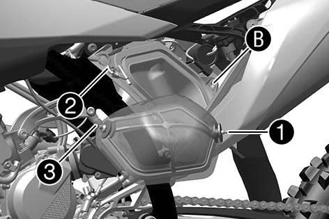Mocowanie filtra KTM EXC 250 i 300 2024: kołek 1, tuleja B, zapinka 2 i kołek 3